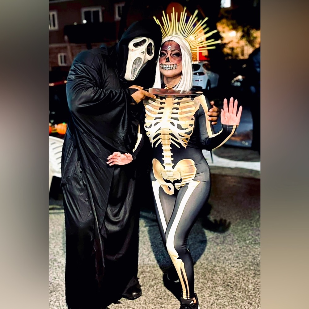 Size S small sexy skeleton Halloween Costume jumpsuit black and gold